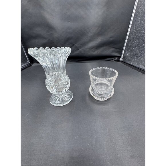 Vintage Pressed Crystal Bud Vase + Pressed Glass Toothpick Holder – Clear Glass - Picture 1 of 9
